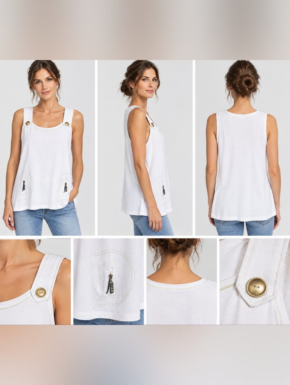 Sleeveless White Tank Top with Decorative Button Straps